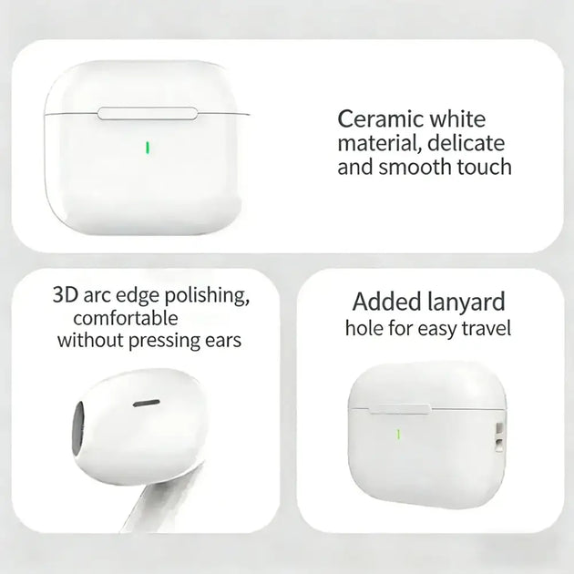 Étui de chargement blanc en céramique pour écouteurs bluetooth TWS Air Pro 2026 avec bord arrondi et lumière verte