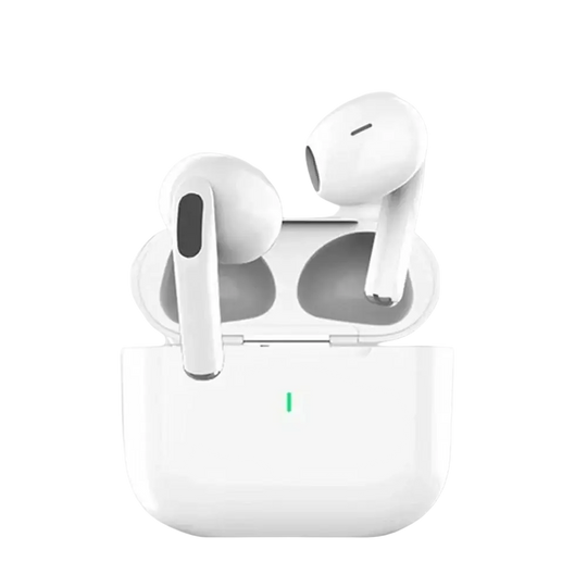Écouteurs bluetooth type true wireless white avec étui de chargement en plastique blanc lisse minimaliste