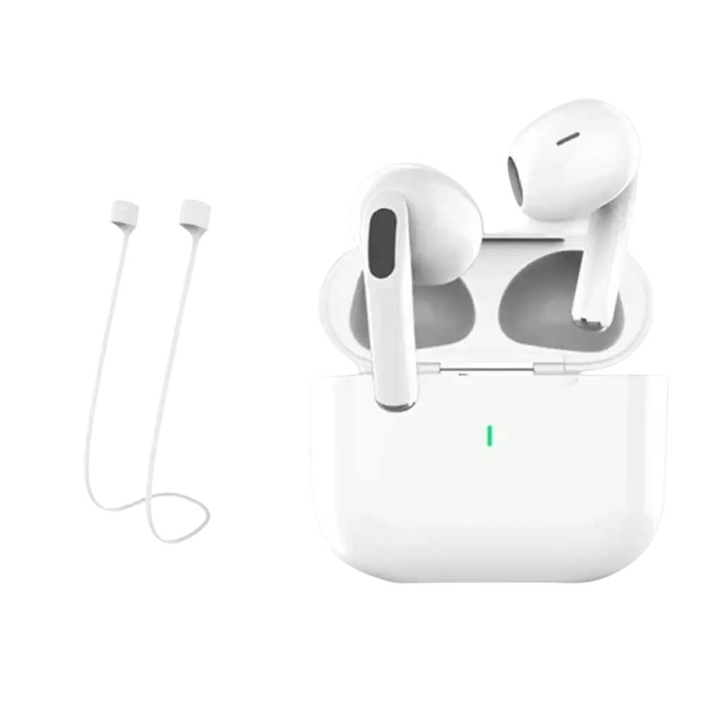 Écouteurs bluetooth type tws air pro 2026 blancs avec étui de chargement et crochets d’oreille tour de cou blancs