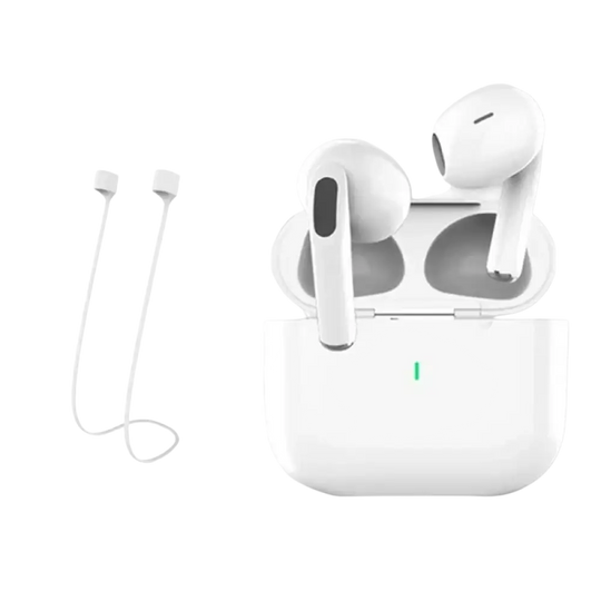 Écouteurs bluetooth type tws air pro 2026 blancs avec étui de chargement et crochets d’oreille tour de cou blancs