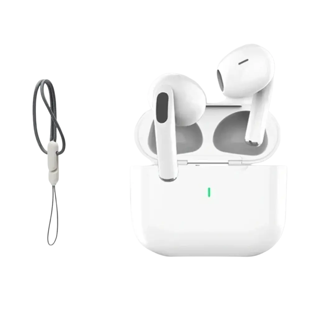 Écouteurs bluetooth tws air pro 2026 blancs avec étui de chargement et indicateur lumineux vert plus bracelet noir en tissu tressé