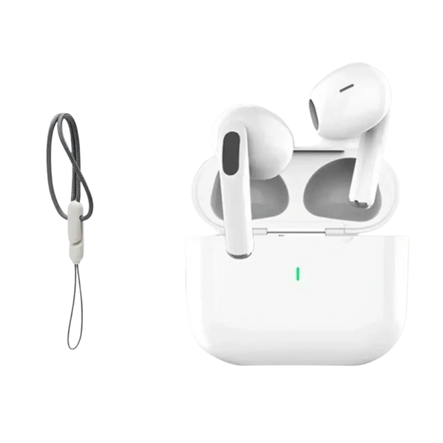 Écouteurs bluetooth tws air pro 2026 blancs avec étui de chargement et indicateur lumineux vert plus bracelet noir en tissu tressé