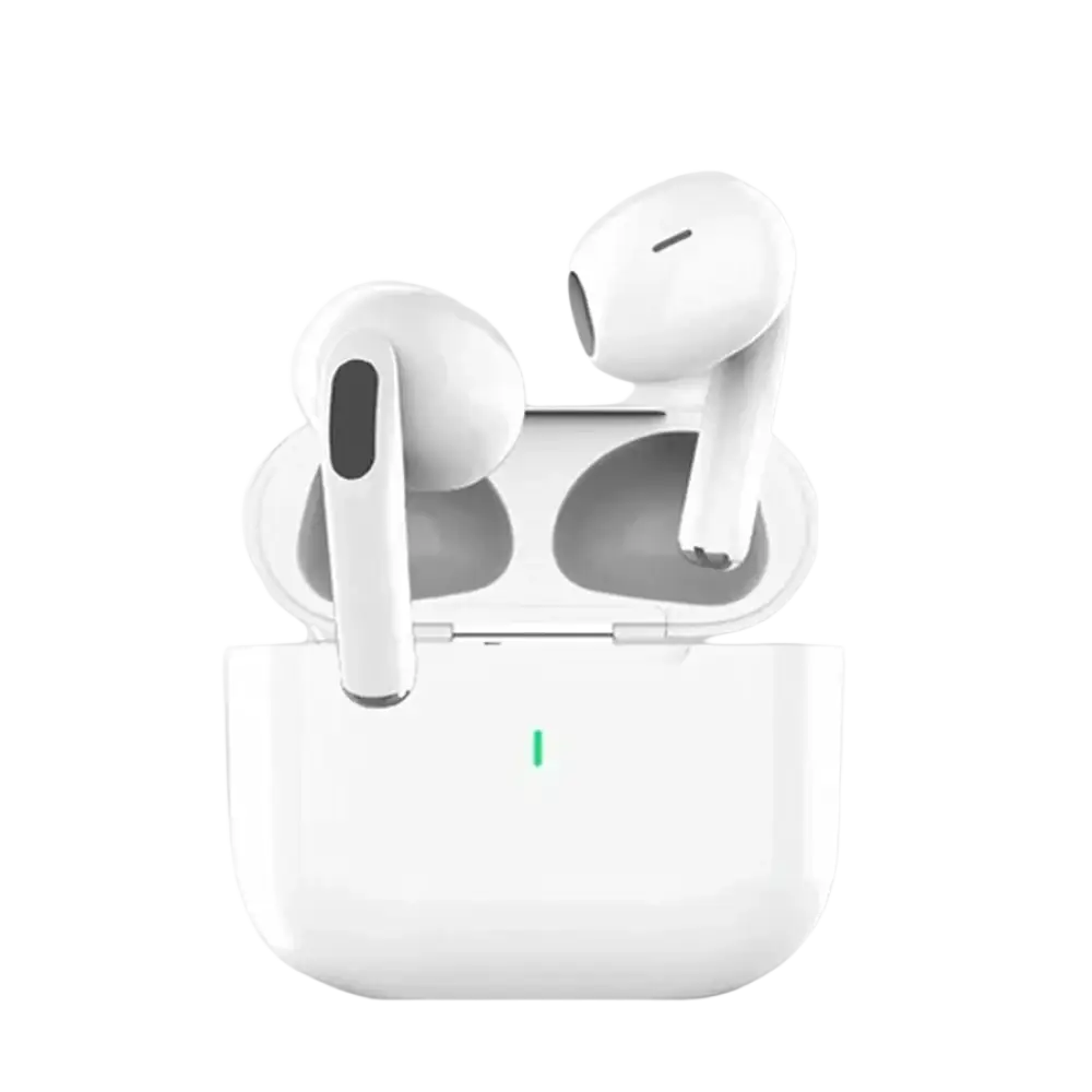 Écouteurs bluetooth type air pro 2026 blancs dans un étui de chargement minimaliste avec lumière verte