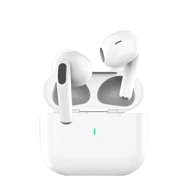 Écouteurs bluetooth type air pro 2026 blancs dans un étui de chargement minimaliste avec lumière verte