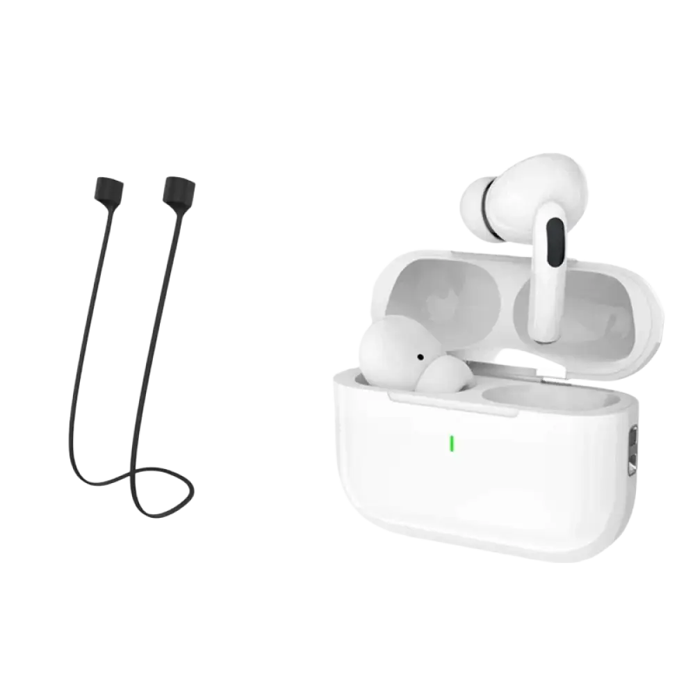 Écouteurs tws new air pro blancs avec annulation active et microphone catégorie en étui de recharge avec tour de cou silicone noir