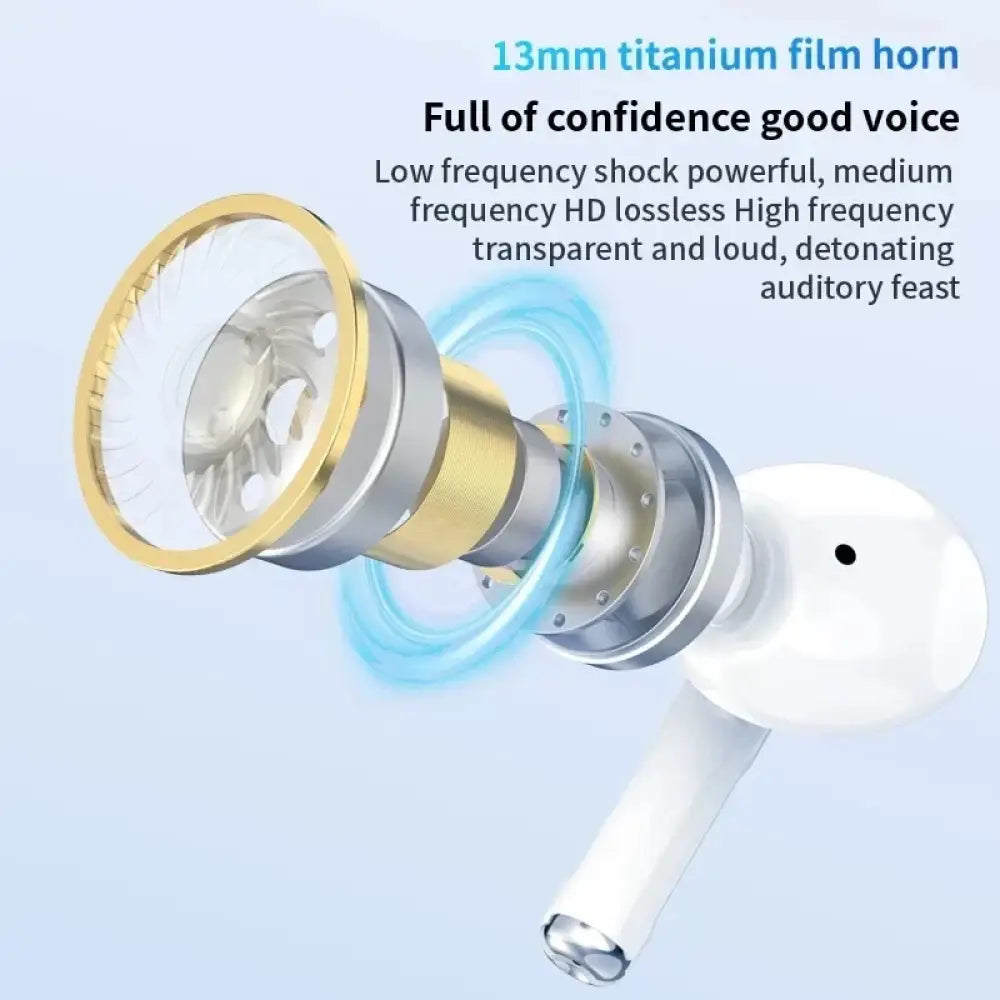 Écouteurs tws new air pro blancs avec diaphragme en titane 13mm et accents dorés, annulation active et microphone catégorie avancée