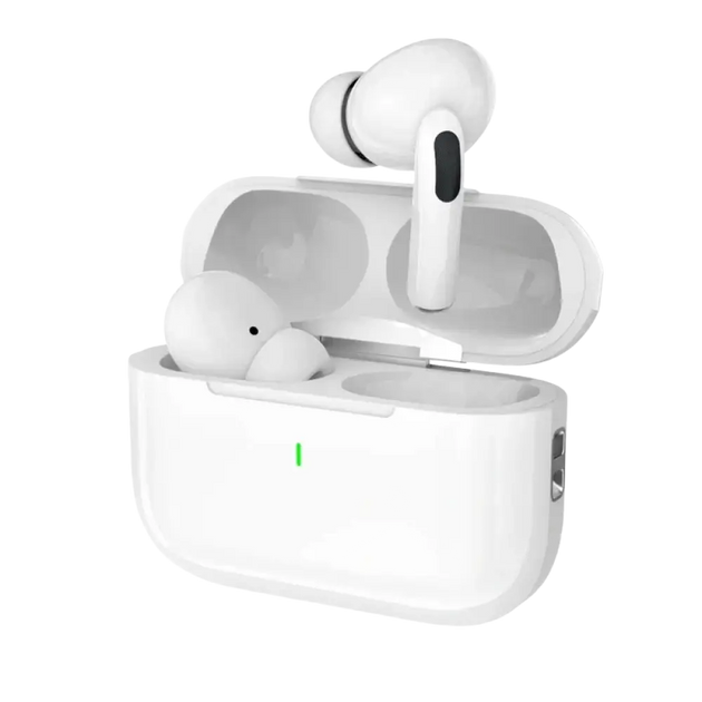 Écouteurs tws new air pro blancs avec annulation active et microphone catégorie en boîtier mat aux accents noirs