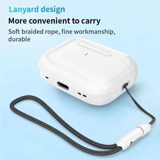 Étui blanc en silicone pour écouteurs tws new air pro avec annulation active et microphone catégorie attaché à un lanière noir tressé