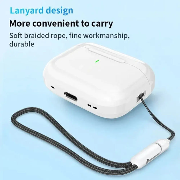 Étui blanc en silicone pour écouteurs tws new air pro avec annulation active et microphone catégorie attaché à un lanière noir tressé