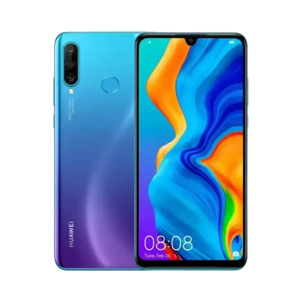 Un smartphone dégradé bleu et violet doté d’un triple appareil photo et d’un écran à encoche en forme de goutte d’eau.