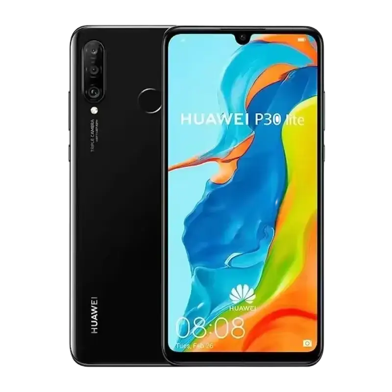 Un smartphone Huawei P30 Lite noir avec un triple appareil photo et un capteur d’empreintes digitales à l’arrière, et un écran à encoche en forme de goutte d’eau à l’avant.