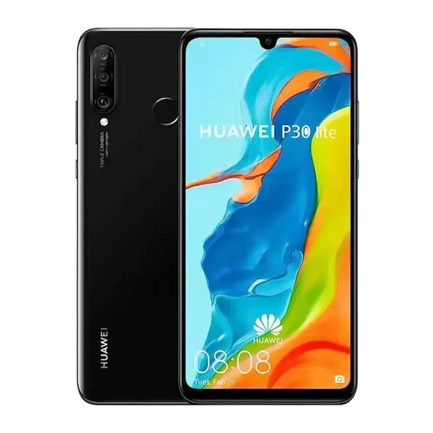 Un smartphone Huawei P30 Lite noir avec un triple appareil photo et un capteur d’empreintes digitales à l’arrière, et un écran à encoche en forme de goutte d’eau à l’avant.
