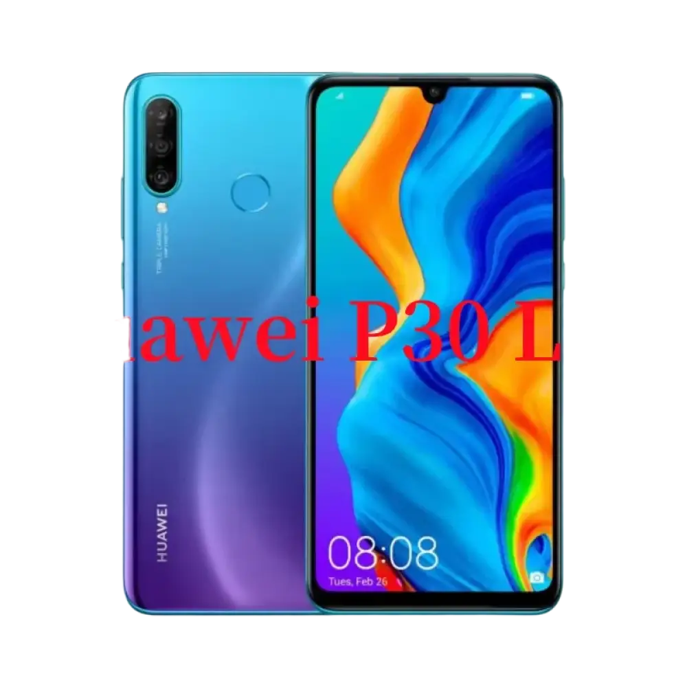 Un smartphone Huawei P30 Lite en bleu et violet, doté d’un triple appareil photo, d’un capteur d’empreintes digitales au dos et d’un écran lumineux.