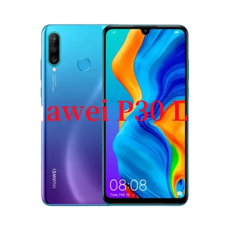Un smartphone Huawei P30 Lite en bleu et violet, doté d’un triple appareil photo, d’un capteur d’empreintes digitales au dos et d’un écran lumineux.
