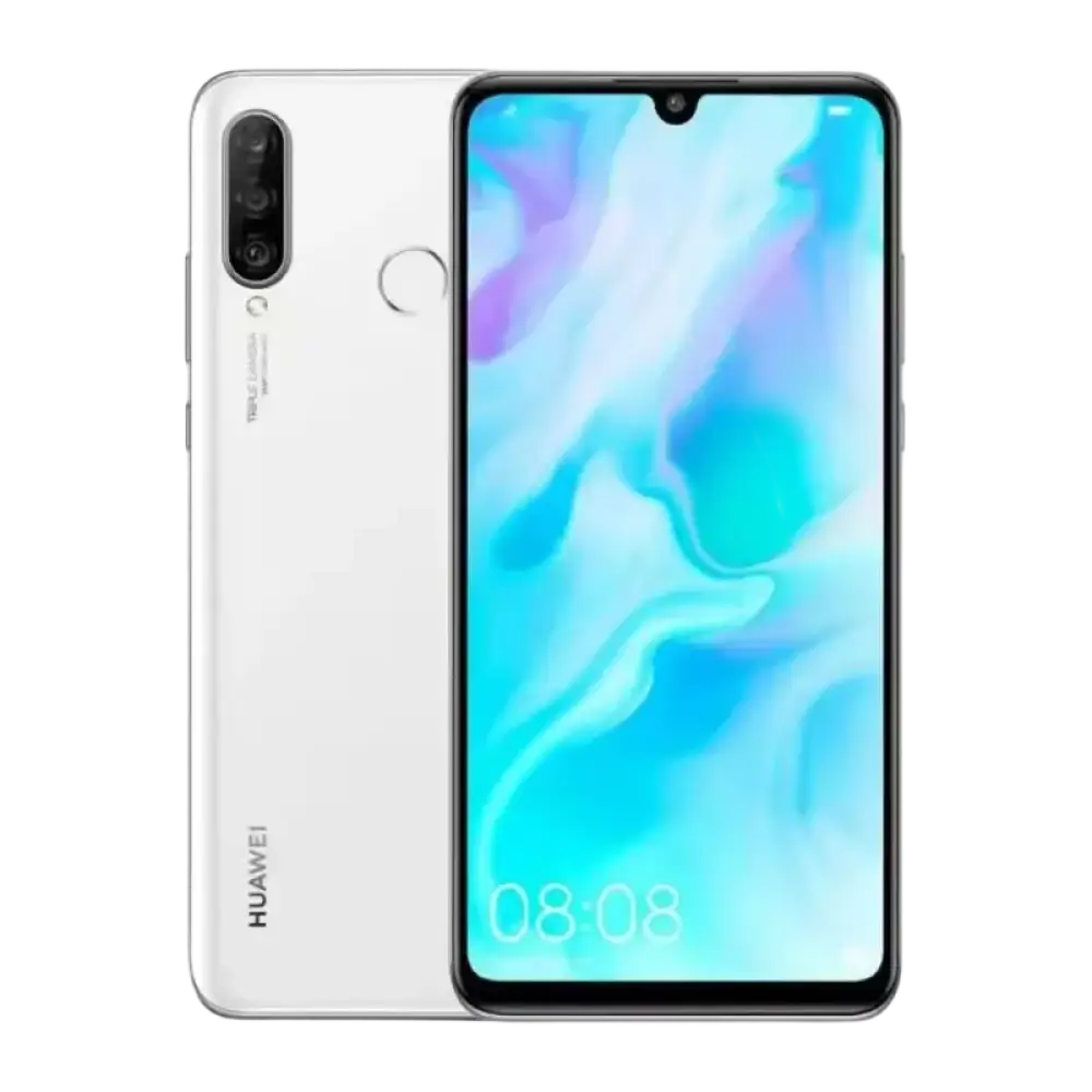 Un smartphone blanc doté d’un triple appareil photo et d’un écran à encoche en forme de goutte d’eau.