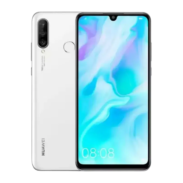 Un smartphone blanc doté d’un triple appareil photo et d’un écran à encoche en forme de goutte d’eau.