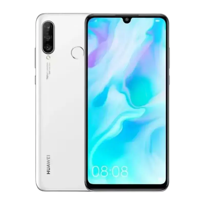 Un smartphone blanc doté d’un triple appareil photo et d’un écran à encoche en forme de goutte d’eau.