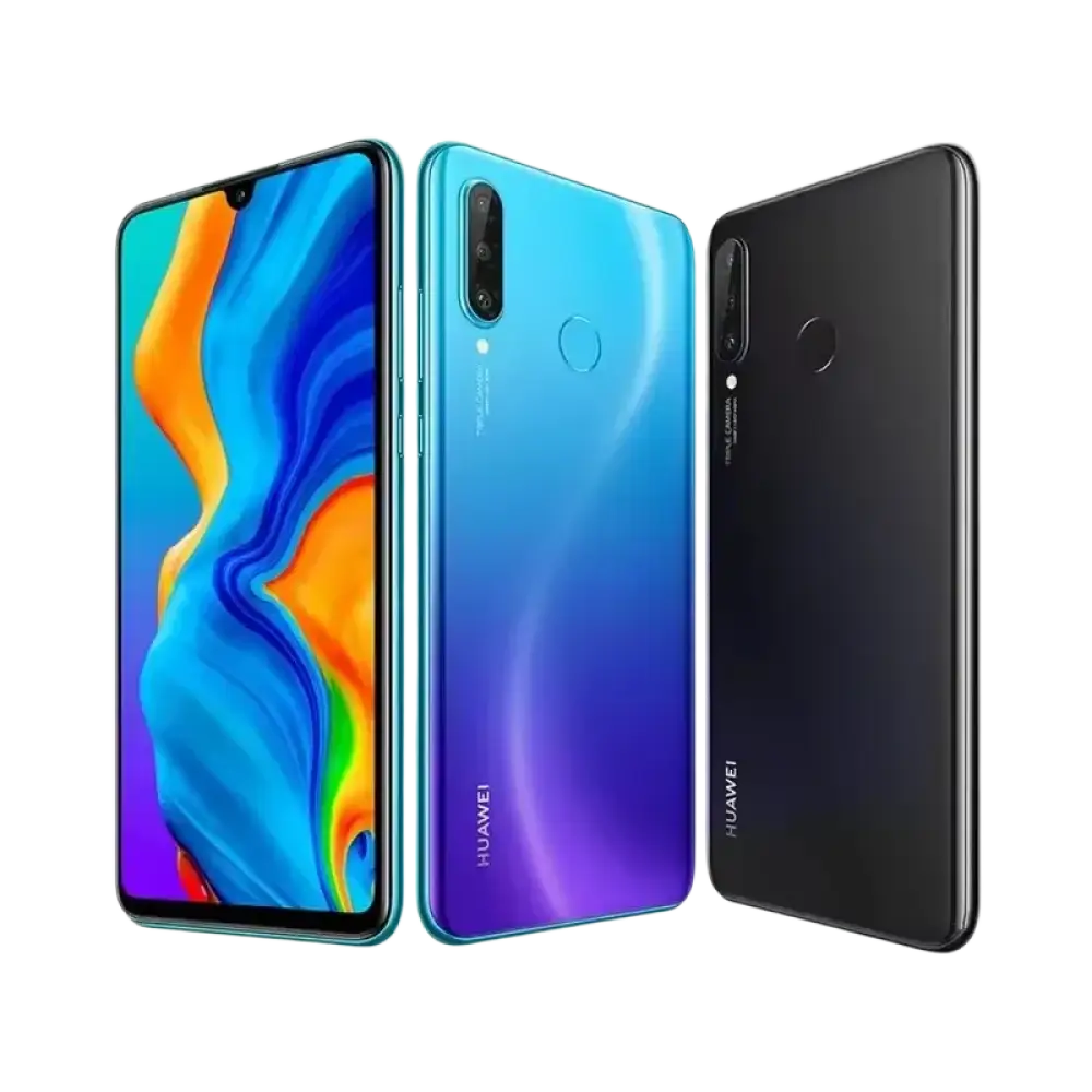 Trois smartphones Huawei P30 Lite en bleu, noir et avec un écran multicolore.