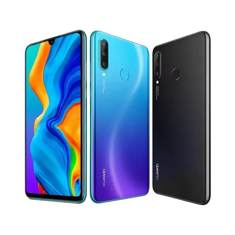 Trois smartphones Huawei P30 Lite en bleu, noir et avec un écran multicolore.