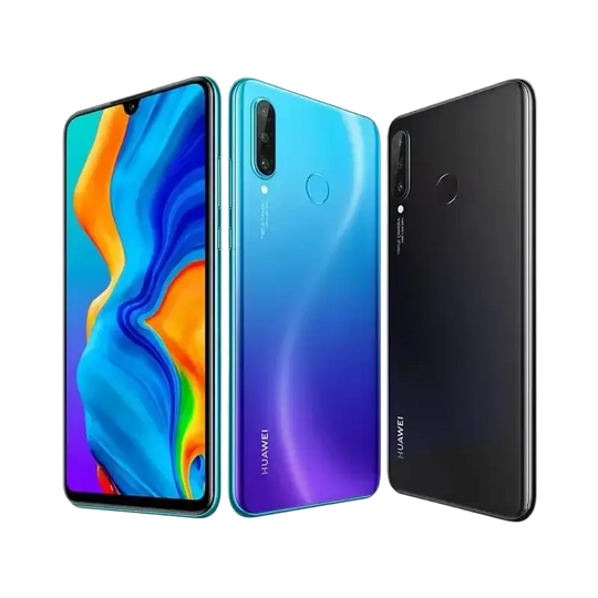 Trois smartphones Huawei P30 Lite en bleu, noir et avec un écran multicolore.