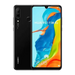 Un smartphone Huawei P30 Lite noir avec un triple appareil photo et un capteur d’empreintes digitales à l’arrière, et un écran à encoche en forme de goutte d’eau à l’avant.