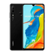 Un smartphone Huawei P30 Lite noir avec un triple appareil photo et un capteur d’empreintes digitales à l’arrière, et un écran à encoche en forme de goutte d’eau à l’avant.
