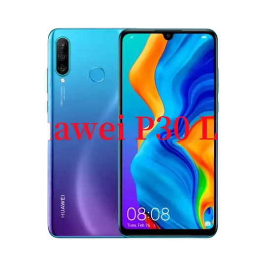 Un smartphone Huawei P30 Lite en bleu et violet, doté d’un triple appareil photo, d’un capteur d’empreintes digitales au dos et d’un écran lumineux.