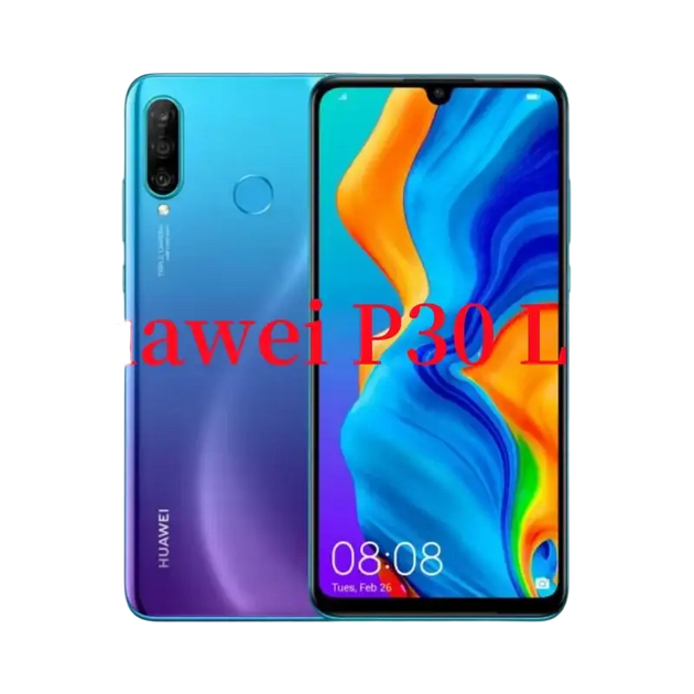 Un smartphone Huawei P30 Lite en bleu et violet, doté d’un triple appareil photo, d’un capteur d’empreintes digitales au dos et d’un écran lumineux.
