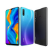 Trois smartphones Huawei P30 Lite en bleu, noir et avec un écran multicolore.