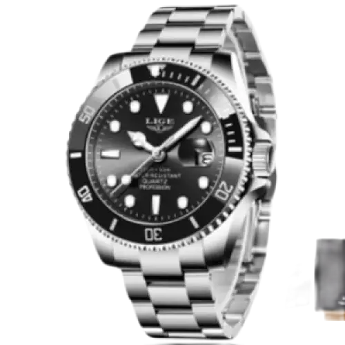 LIGE Montre de plongée étanche pour homme montre bracelet à quartz Argent Noir Montre à Quartz