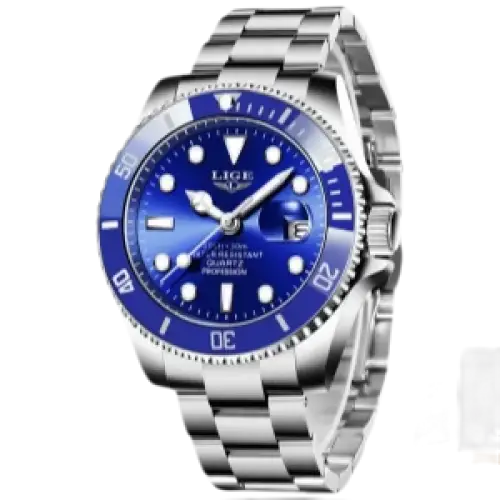 LIGE Montre de plongée étanche pour homme montre bracelet à quartz Bleu Argenté Montre à Quartz