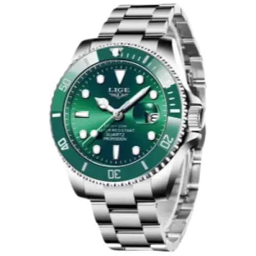 LIGE Montre de plongée étanche pour homme montre bracelet à quartz Vert Argenté Montre à Quartz