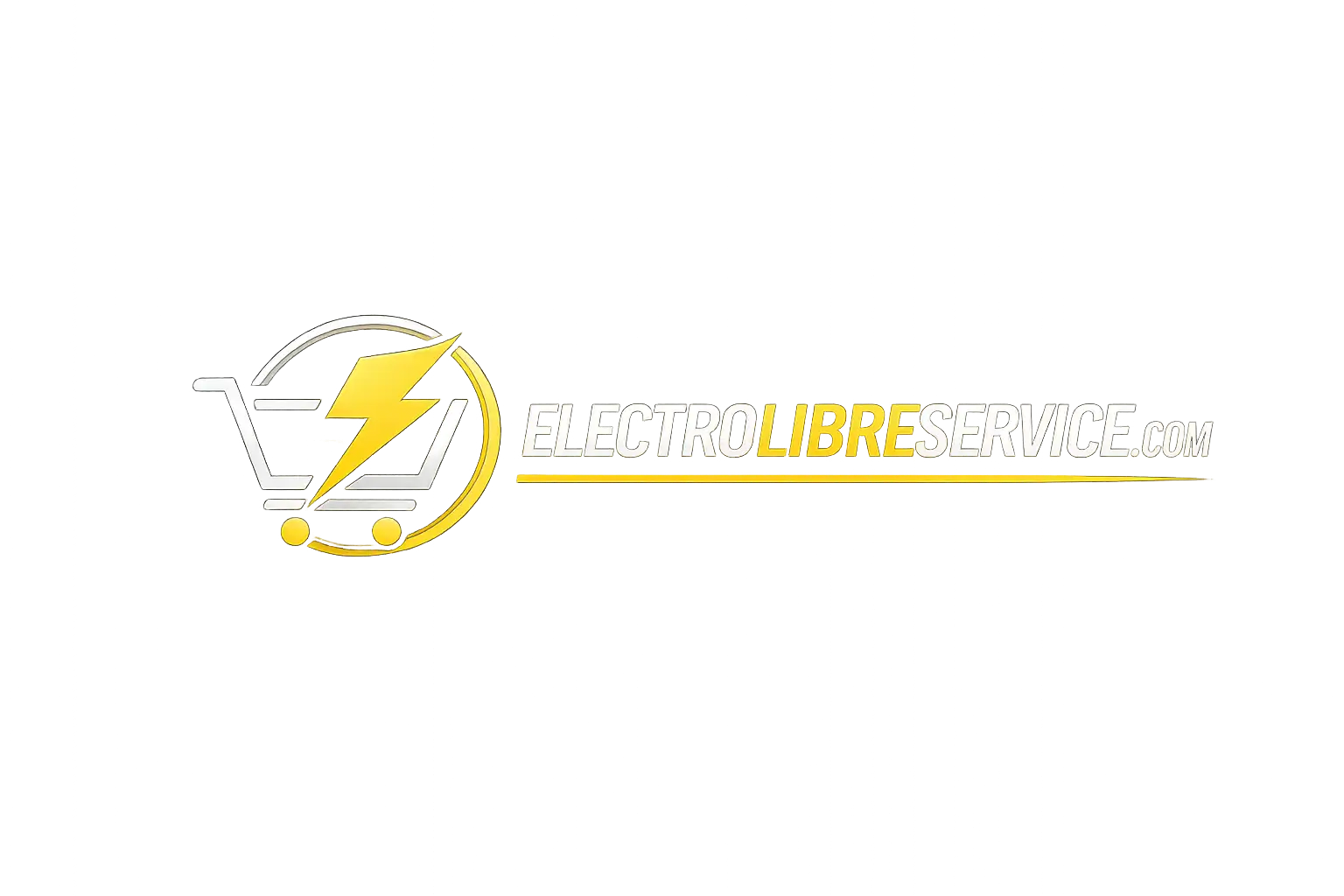 Logo jaune et argenté présentant un chariot d'achat avec un éclair, accompagné du texte 'electrolibreservice.com'.