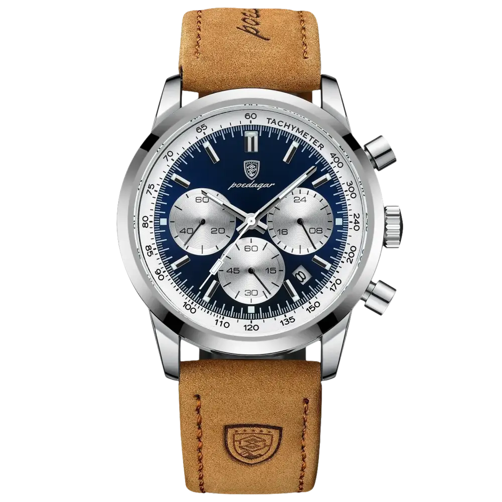 Montre chronographe pour homme avec boîtier en argent, cadran bleu, trois sous-cadrans, date à guichet et bracelet en cuir brun clair.