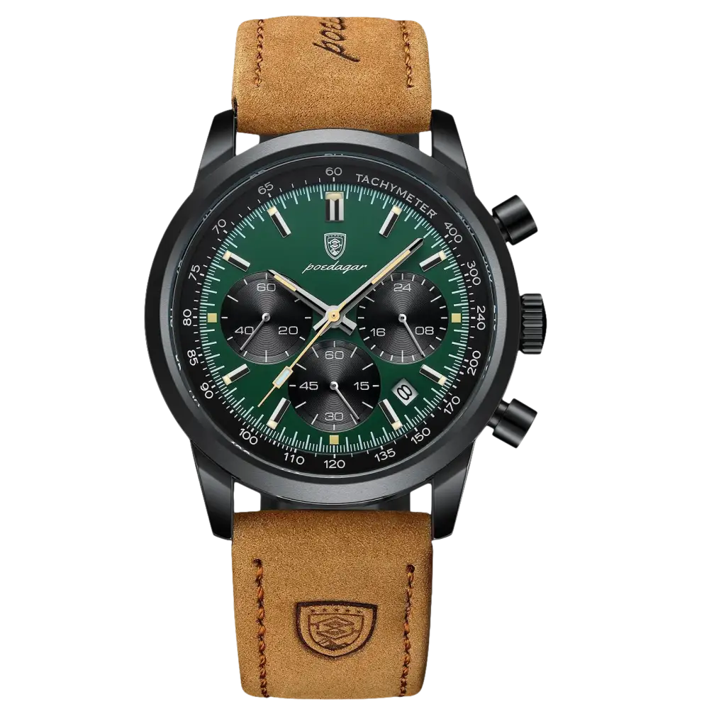 Montre chronographe pour homme à cadran vert et bracelet en cuir marron.