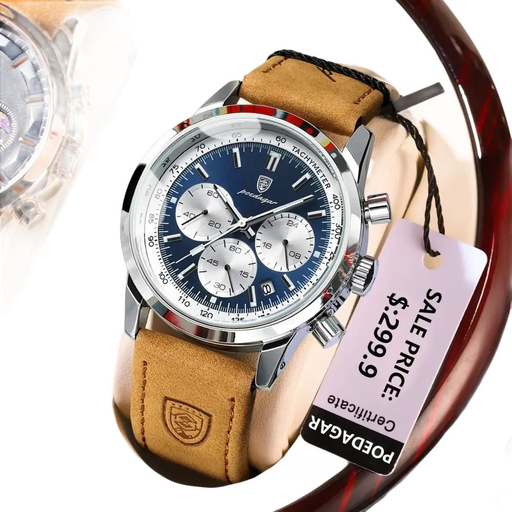 Une montre chronographe en acier inoxydable avec un cadran bleu, des sous-cadrans argentés et un bracelet en cuir beige.