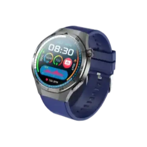 Montre connectée avec bracelet en silicone bleu, boîtier métallique argenté et affichage numérique coloré