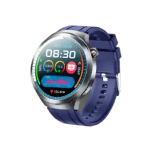 Une montre connectée élégante et ronde avec un bracelet en silicone bleu vibrant et un boîtier en métal argenté.