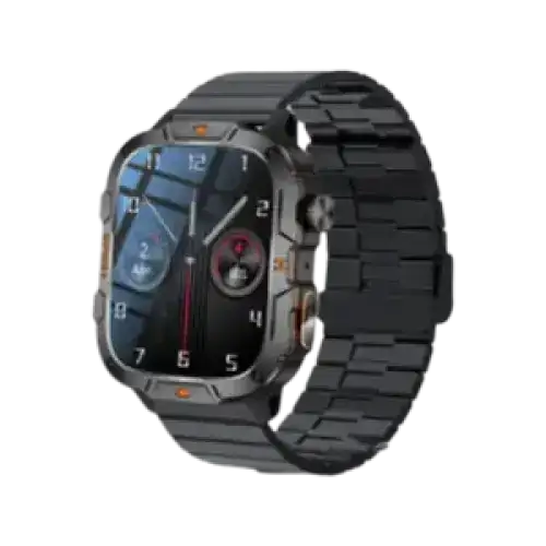 Montre connectée en métal noir avec un cadran rectangulaire robuste et des boutons accentués en orange.