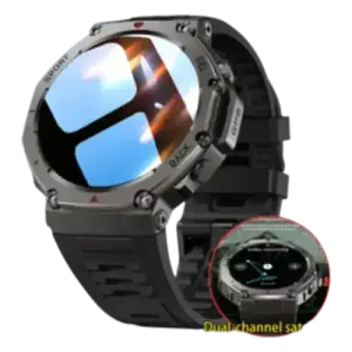 Montre connectée robuste aux tons argentés avec un bracelet texturé noir et un écran circulaire affichant des éléments d'interface bleus.