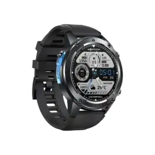 Montre connectée sportive noire et bleue avec un bracelet robuste texturé et une lunette métallique.