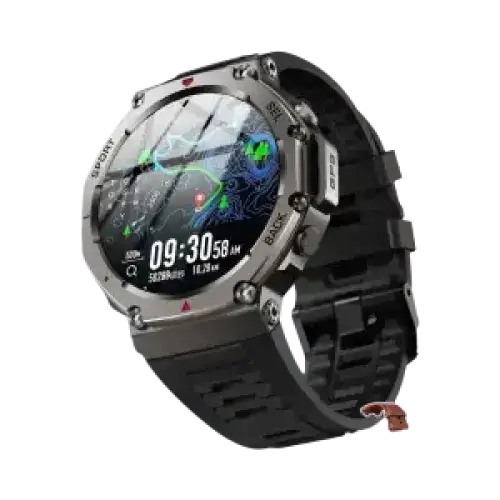 Montre connectée sportive noire avec boîtier métallique robuste et bracelet en caoutchouc texturé, affichant une carte GPS sur son écran.