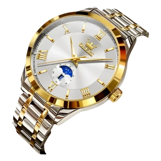Montre pour homme en acier inoxydable bicolore avec cadran blanc, chiffres romains dorés et cadran secondaire des phases de lune.
