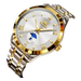 Montre pour homme en acier inoxydable bicolore avec cadran blanc, chiffres romains dorés et cadran secondaire des phases de lune.