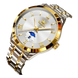 Montre pour homme en acier inoxydable bicolore avec cadran blanc, chiffres romains dorés et cadran secondaire des phases de lune.