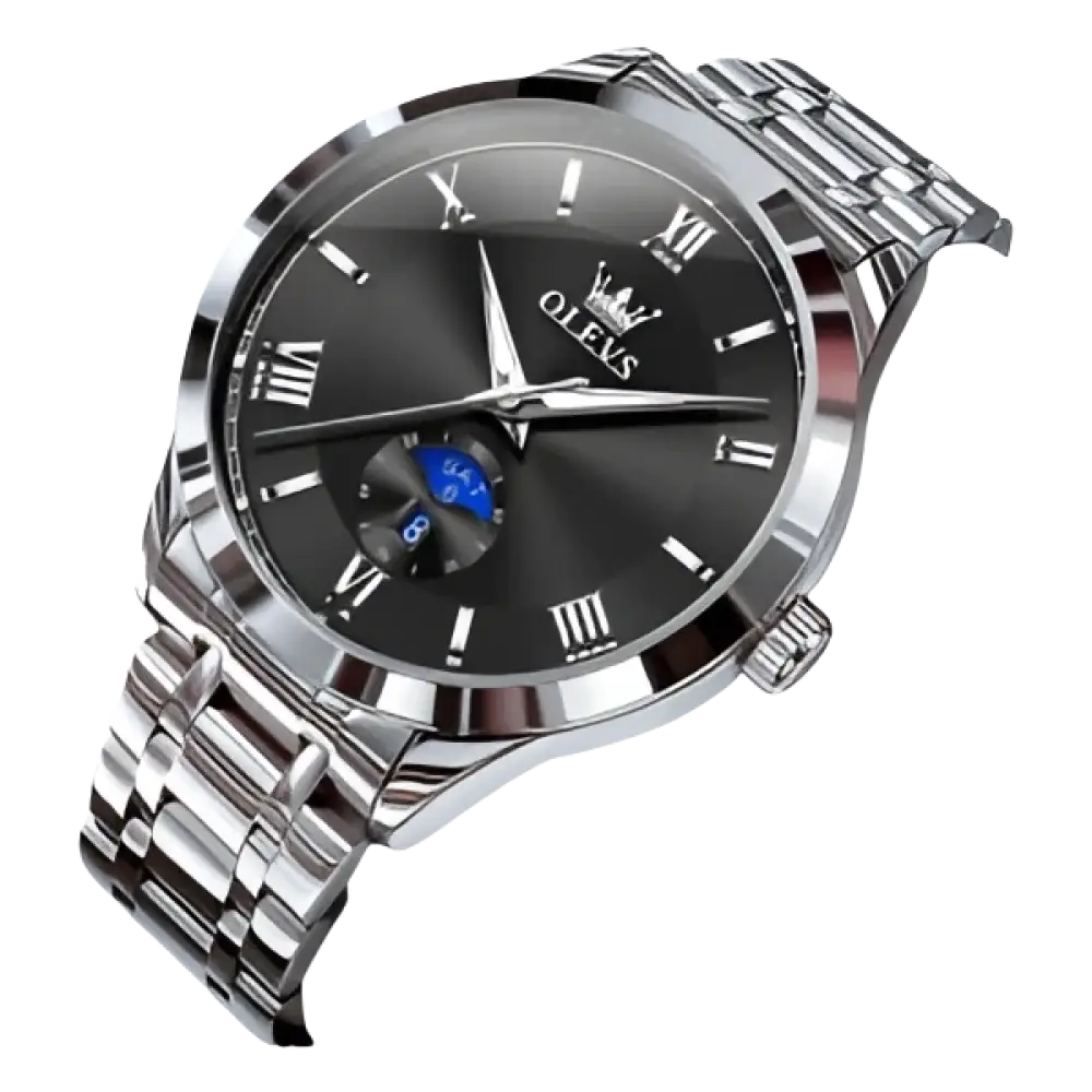 Montre pour homme de couleur argentée avec cadran noir et affichage des phases de lune.