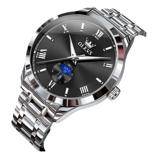 Montre pour homme de couleur argentée avec cadran noir et affichage des phases de lune.