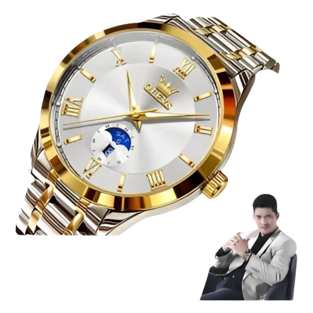 Élégante montre-bracelet bicolore en or et argent avec chiffres romains et complication de phase de lune.