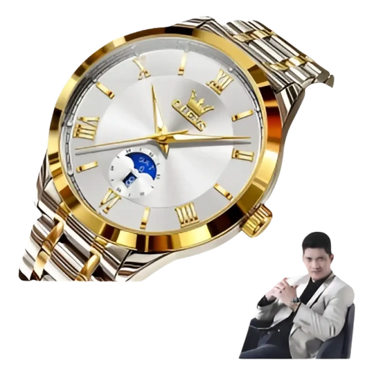 Élégante montre-bracelet bicolore en or et argent avec chiffres romains et complication de phase de lune.