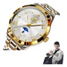 Élégante montre-bracelet bicolore en or et argent avec chiffres romains et complication de phase de lune.